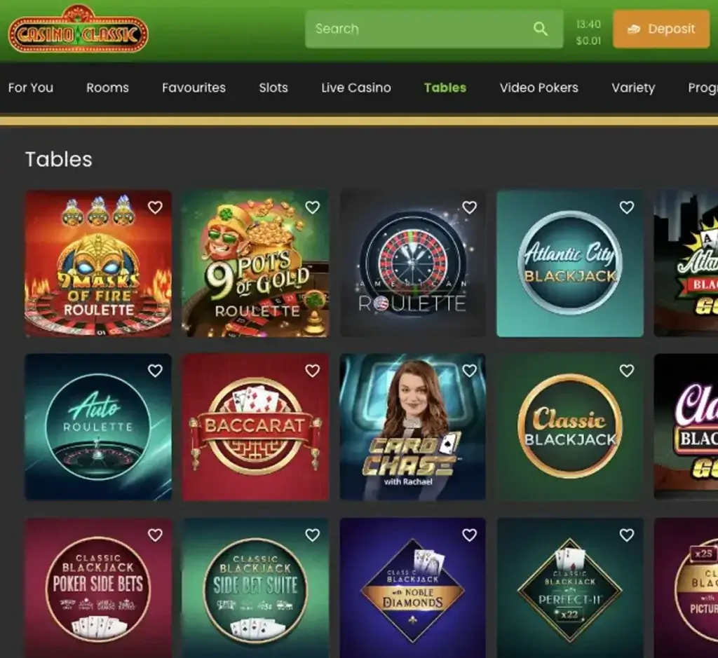 Casino Classic desktop table games lobby screenshot displaying classic casino games such as blackjack, roulette and baccarat - tested
