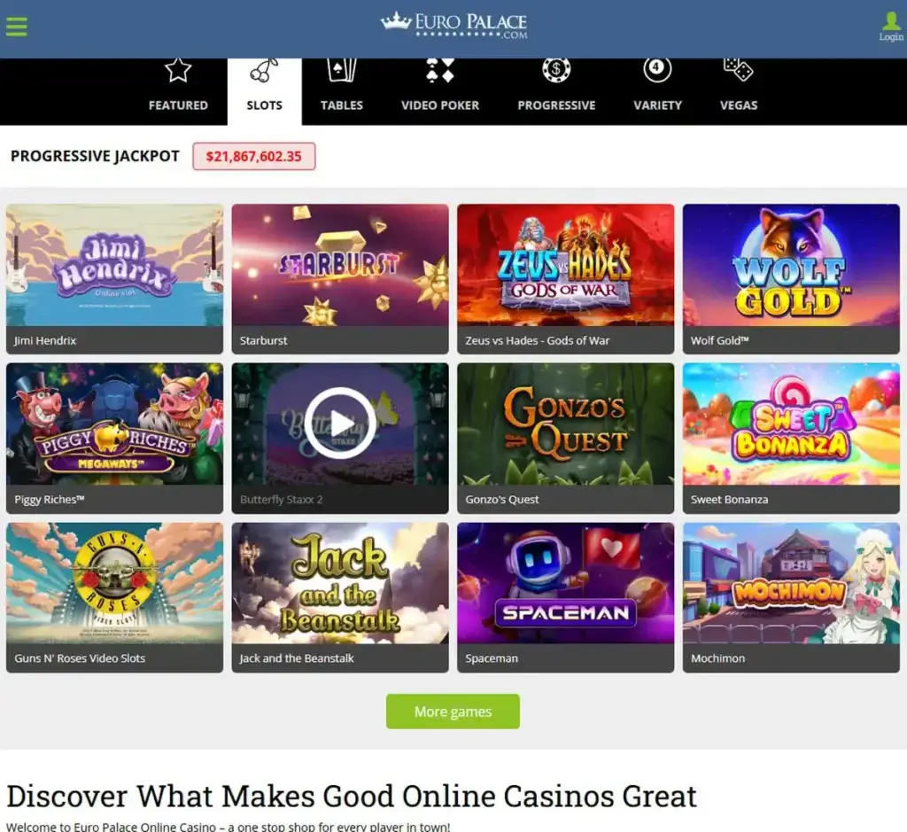 Europopalace Casino desktop slots lobby screenshot presenting variety of slot games with categories and providers - tested
