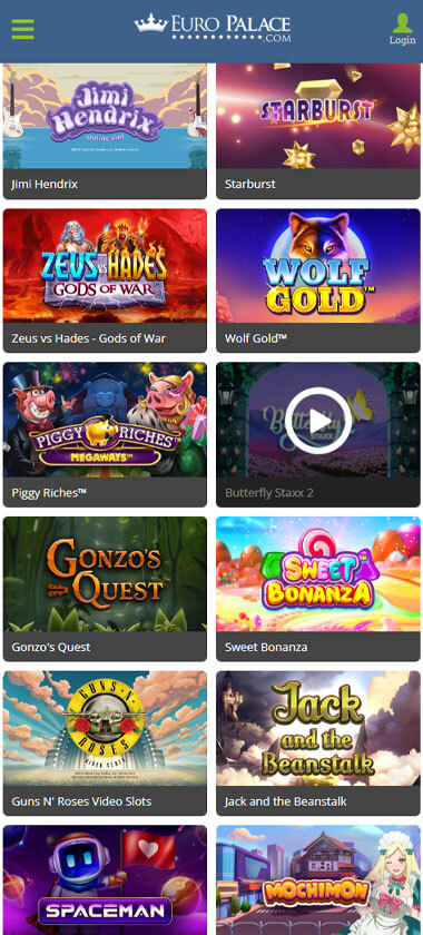 Europalace Casino mobile slots interface screenshot showing slot game selection with popular titles and filtering options - tested