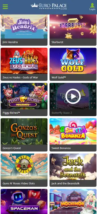 Europalace Casino mobile slots interface screenshot showing slot game selection with popular titles and filtering options - tested