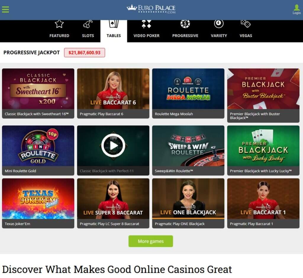 Europalace Casino desktop table games lobby screenshot displaying classic casino games such as blackjack, roulette and baccarat - tested