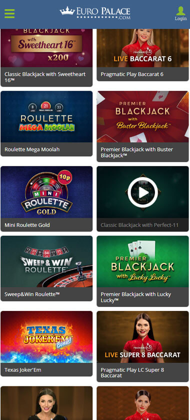 Europalace Casino mobile table games interface screenshot showing selection of blackjack, roulette and baccarat games - tested