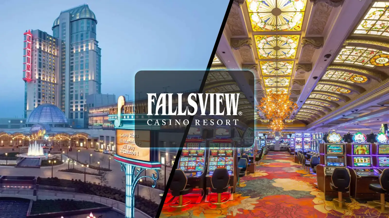 Panoramic view of Canada's top land-based casinos featuring Niagara Falls skyline with roulette wheel, gaming chips, and playing cards representing premium Canadian casino experiences.