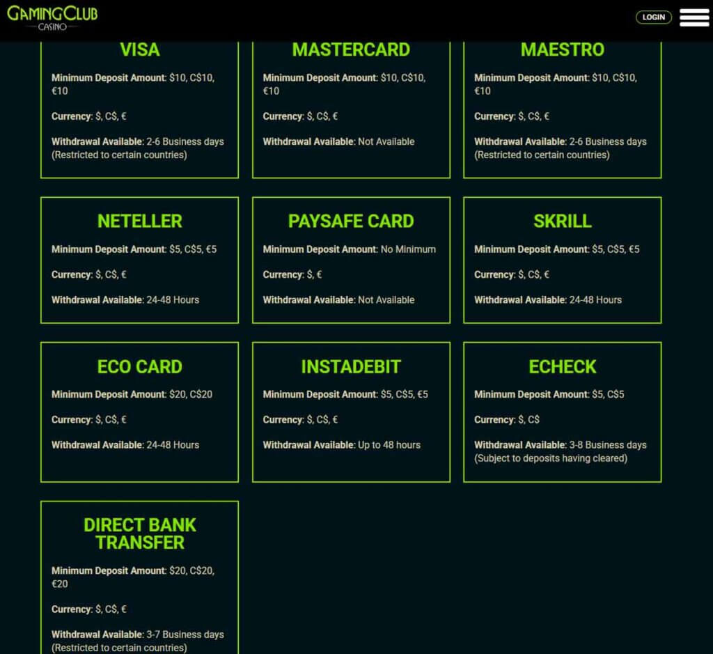 Gaming Club Casino desktop payment methods page screenshot displaying deposit and withdrawal options including cards and e-wallets - tested