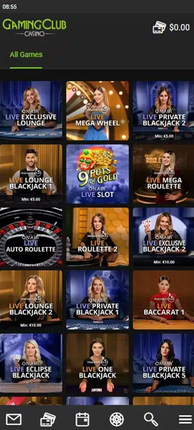 Gaming Club Casino mobile live casino interface screenshot showing live dealer tables including blackjack and roulette - tested
