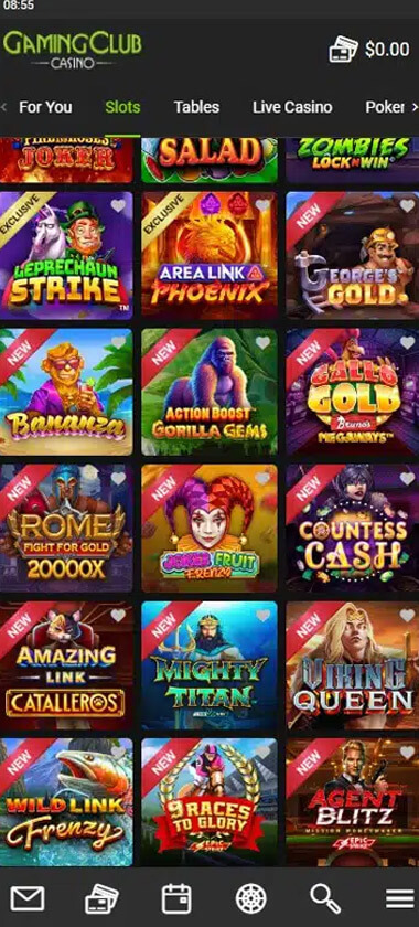 Gaming Club Casino mobile slots interface screenshot showing slot game selection with popular titles and filtering options - tested
