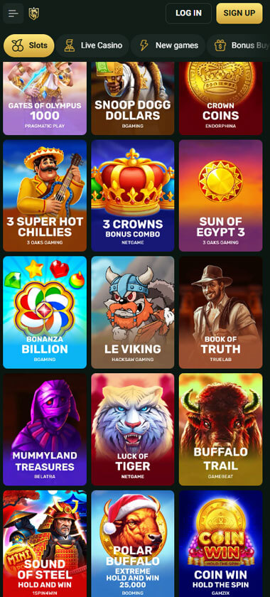 Goldex Casino mobile slots interface screenshot showing slot game selection with popular titles and filtering options - captured during platform testing
