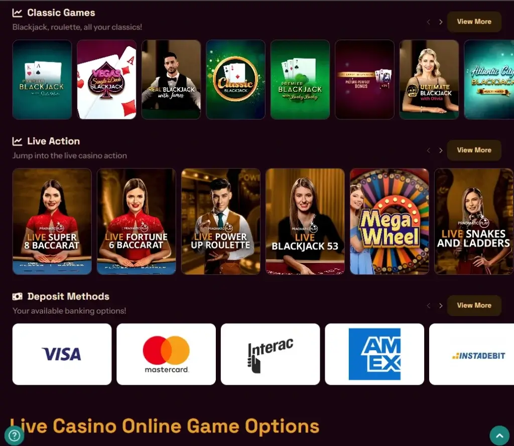Grizzly’s Quest Casino desktop live casino lobby screenshot featuring live dealer games and real-time streaming interface - Tested