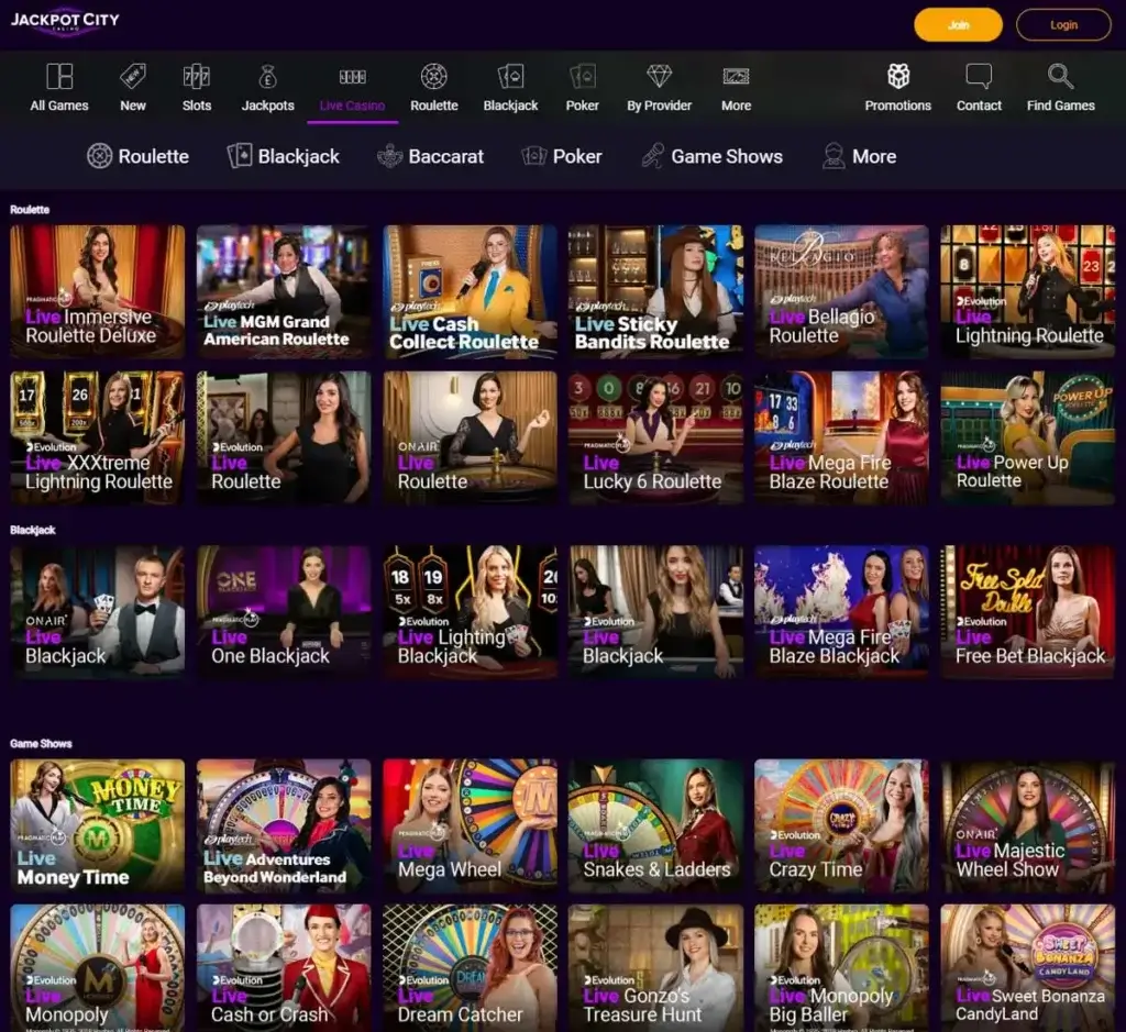 Jackpot City Casino desktop live casino lobby screenshot featuring live dealer games and real-time streaming interface - Tested Jackpot City Casino desktop live casino lobby screenshot featuring live dealer games and real-time streaming interface - Tested