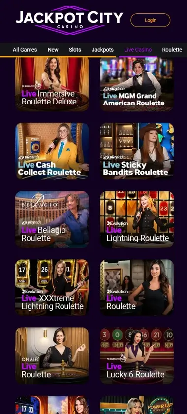 Jackpot City Casino mobile live casino interface screenshot showing live dealer tables including blackjack and roulette - Tested Jackpot City Casino mobile live casino interface screenshot showing live dealer tables including blackjack and roulette - Tested