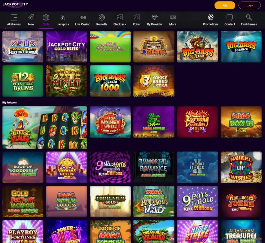 Jackpot City Casino desktop slots lobby screenshot presenting variety of slot games with categories and providers - Tested Jackpot City Casino desktop slots lobby screenshot presenting variety of slot games with categories and providers - Tested