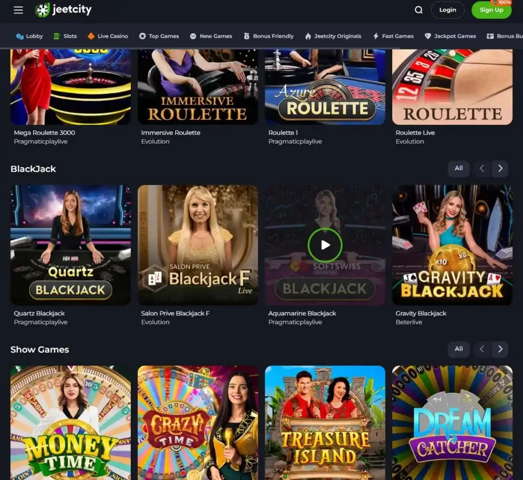 Jeet City Casino desktop live casino lobby featuring live dealer games and real-time streaming interface - tested