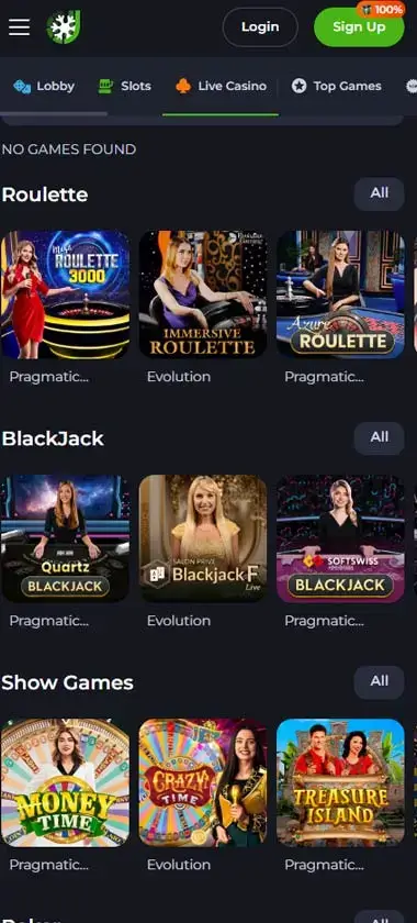 Jeet City Casino mobile live casino interface showing live dealer tables including blackjack and roulette - captured during platform testing
