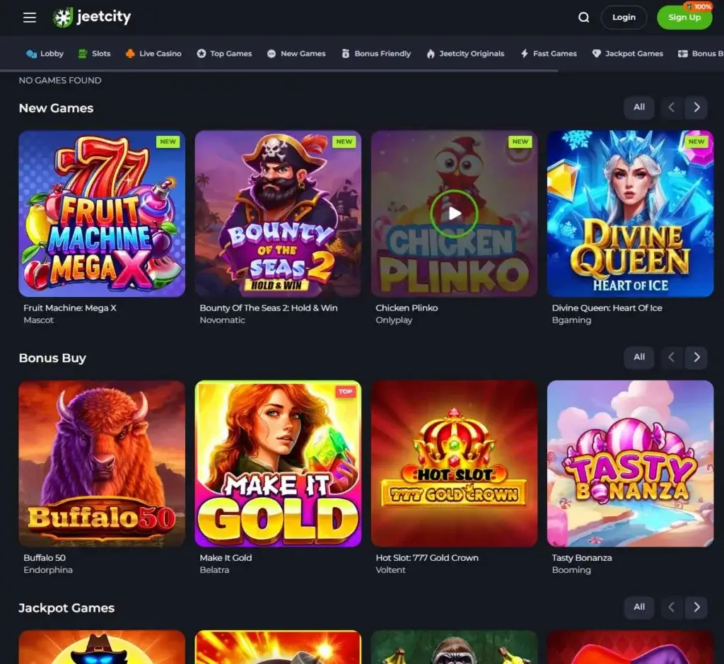 Jeet City Casino desktop slots lobby presenting a variety of slot games with categories and providers - tested