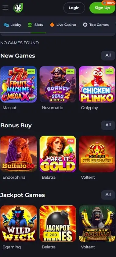 Jeet City Casino mobile slots interface showing slot game selection with popular titles and filtering options - captured during platform testing