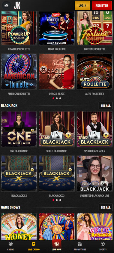 Jokery Casino mobile live casino interface screenshot showing live dealer tables including blackjack and roulette - tested Jokery Casino mobile live casino interface screenshot showing live dealer tables including blackjack and roulette - tested