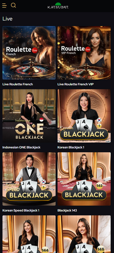 KatsuBet Casino mobile live casino interface screenshot showing live dealer tables including blackjack and roulette - tested KatsuBet Casino mobile live casino interface screenshot showing live dealer tables including blackjack and roulette - tested
