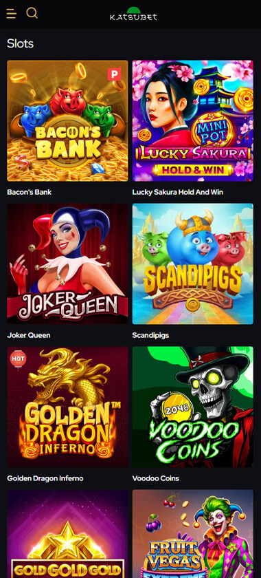 KatsuBet Casino mobile slots interface screenshot showing slot game selection with popular titles and filtering options - captured during platform testing KatsuBet Casino mobile slots interface screenshot showing slot game selection with popular titles and filtering options - captured during platform testing