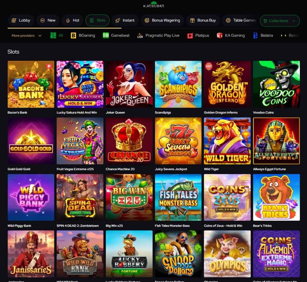 KatsuBet Casino desktop slots lobby screenshot presenting variety of slot games with categories and providers - verified KatsuBet Casino desktop slots lobby screenshot presenting variety of slot games with categories and providers - verified