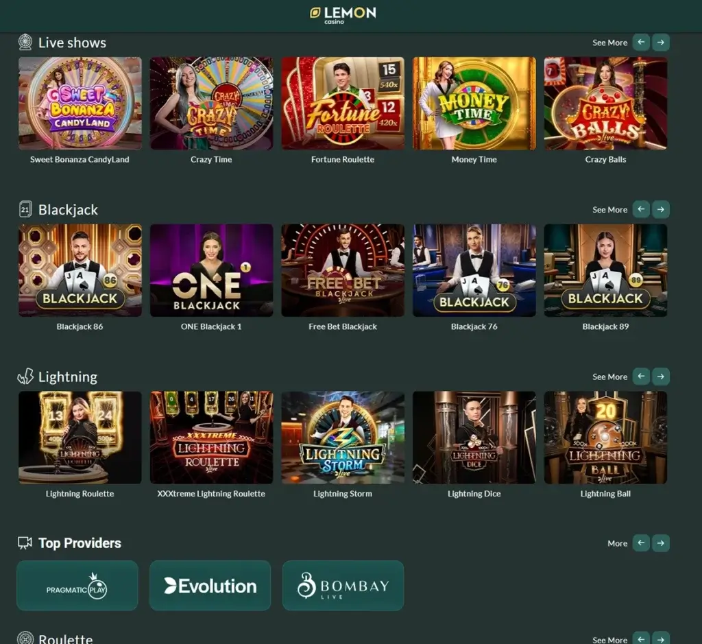 Lemon Casino desktop homepage screenshot displaying main casino lobby with featured games, promotions and navigation menu - tested