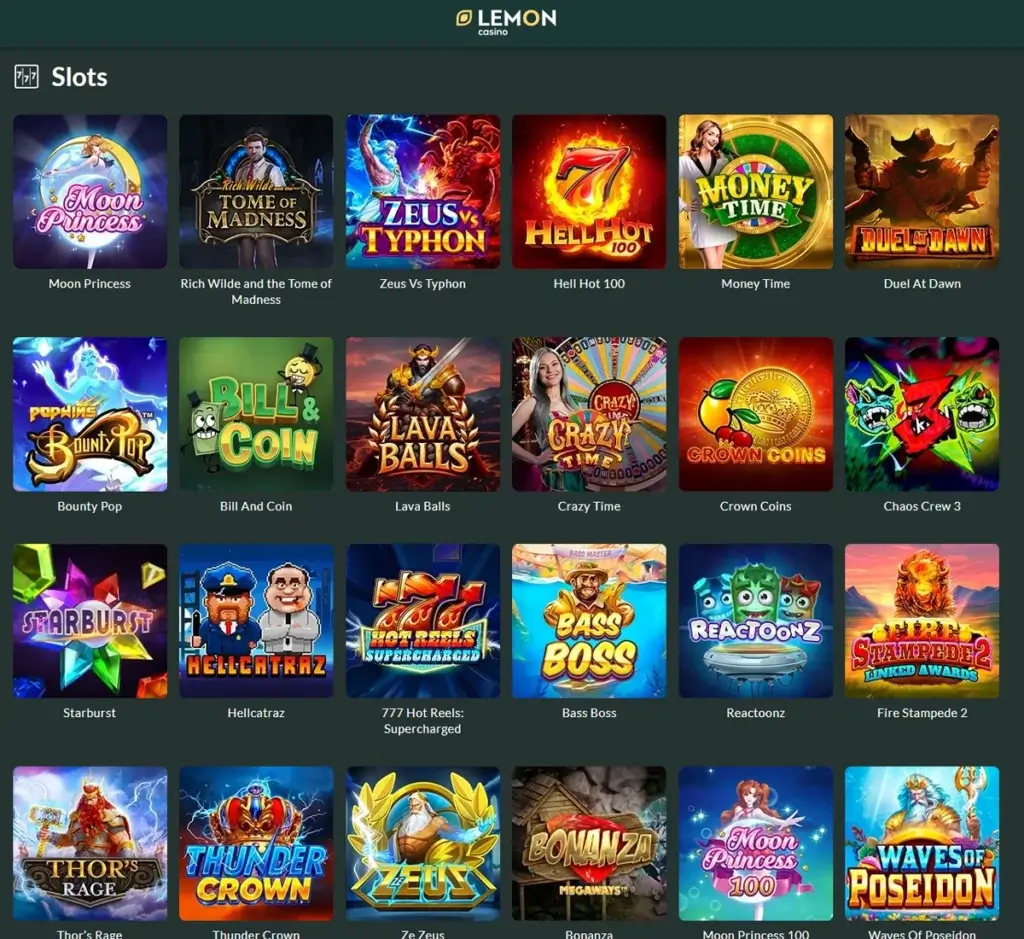 Lemon Casino desktop slots lobby screenshot presenting variety of slot games with categories and providers - verified