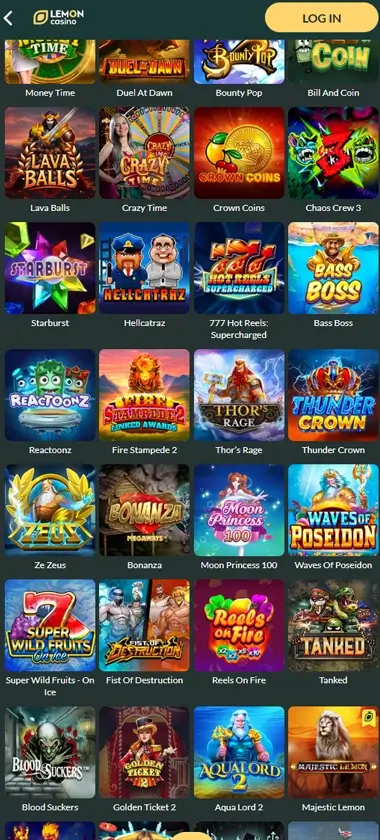 Lemon Casino mobile slots interface screenshot showing slot game selection with popular titles and filtering options - tested