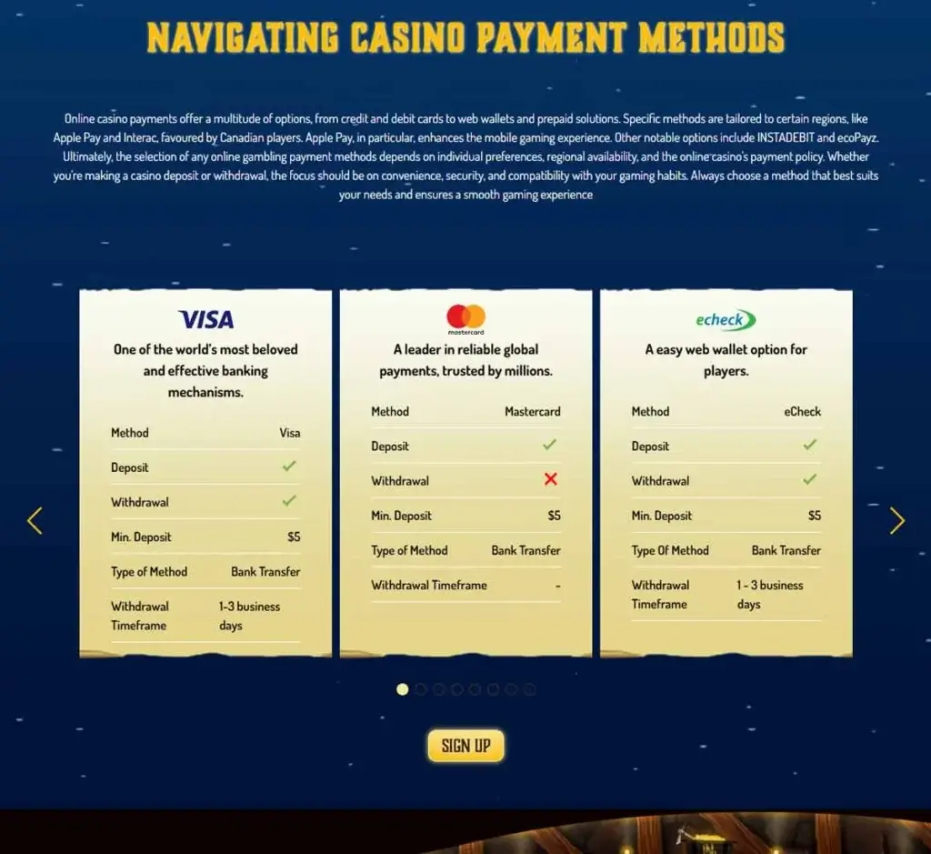 Lucky Nugget Casino desktop payment methods page screenshot displaying available deposit and withdrawal options including cards, e-wallets and bank transfer - tested