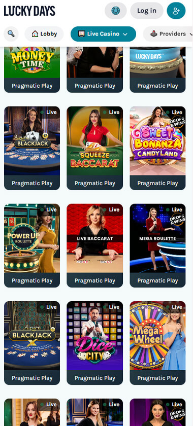 Lucky Days Casino mobile live casino interface screenshot showing live dealer tables including blackjack and roulette - tested Lucky Days Casino mobile live casino interface screenshot showing live dealer tables including blackjack and roulette - tested