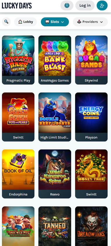 Lucky Days Casino mobile slots interface screenshot showing slot game selection with popular titles and filtering options - tested Lucky Days Casino mobile slots interface screenshot showing slot game selection with popular titles and filtering options - tested