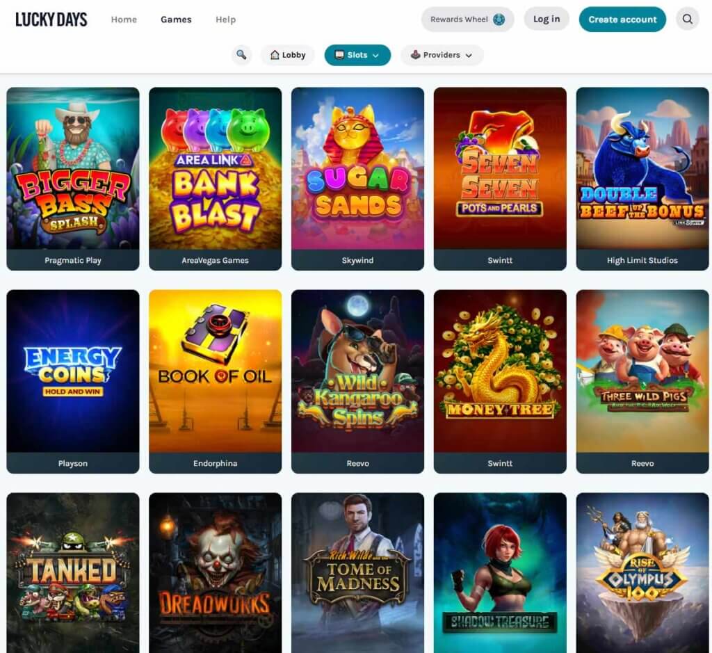 Lucky Days Casino desktop slots lobby screenshot presenting variety of slot games with categories and providers - tested Lucky Days Casino desktop slots lobby screenshot presenting variety of slot games with categories and providers - tested