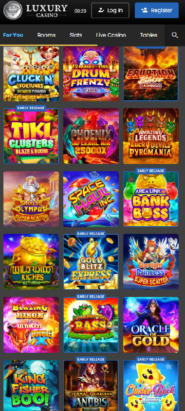 Luxury Casino mobile homepage screenshot showing main casino lobby with featured games and promotions - captured during platform testing Luxury Casino mobile homepage screenshot showing main casino lobby with featured games and promotions - captured during platform testing