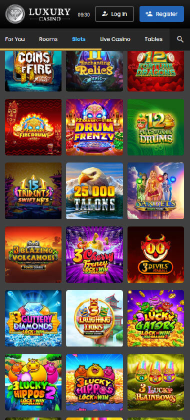 Luxury Casino mobile slots interface screenshot showing slot game selection with popular titles and filtering options - captured during platform testing Luxury Casino mobile slots interface screenshot showing slot game selection with popular titles and filtering options - captured during platform testing