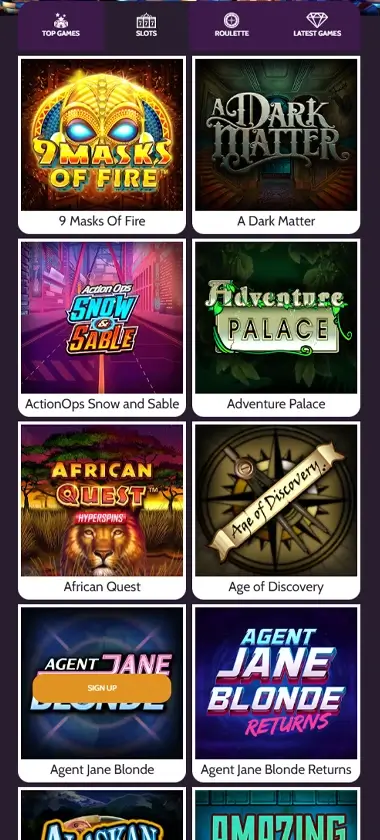 MummysGold Casino mobile slots interface screenshot showing slot game selection with popular titles and filtering options - captured during platform testing