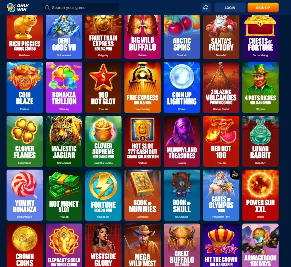 OnlyWin Casino desktop slots lobby screenshot presenting variety of slot games with categories and providers - tested OnlyWin Casino desktop slots lobby screenshot presenting variety of slot games with categories and providers - tested