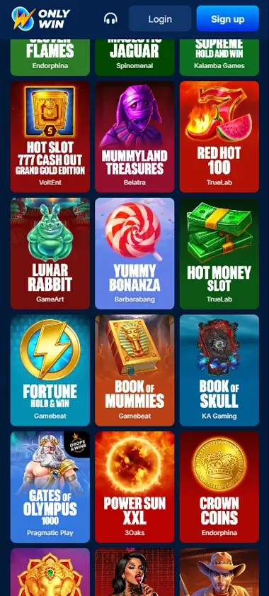 OnlyWin Casino mobile slots interface screenshot showing slot game selection with popular titles and filtering options - tested OnlyWin Casino mobile slots interface screenshot showing slot game selection with popular titles and filtering options - tested