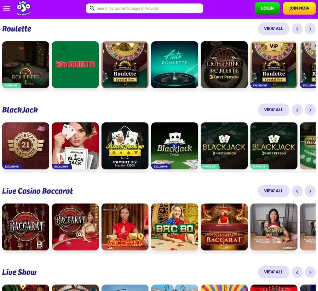 PlayOJO Casino desktop live casino lobby screenshot featuring live dealer games and real-time streaming interface - Tested PlayOJO Casino desktop live casino lobby screenshot featuring live dealer games and real-time streaming interface - Tested