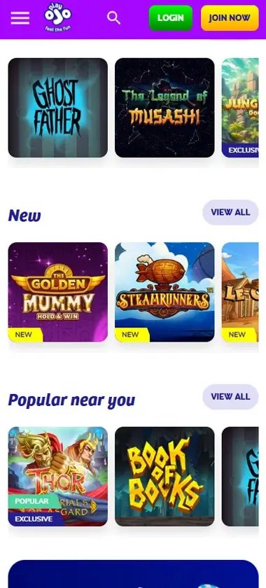 PlayOJO Casino mobile homepage screenshot showing main casino lobby with featured games and promotions - Tested PlayOJO Casino mobile homepage screenshot showing main casino lobby with featured games and promotions - Tested