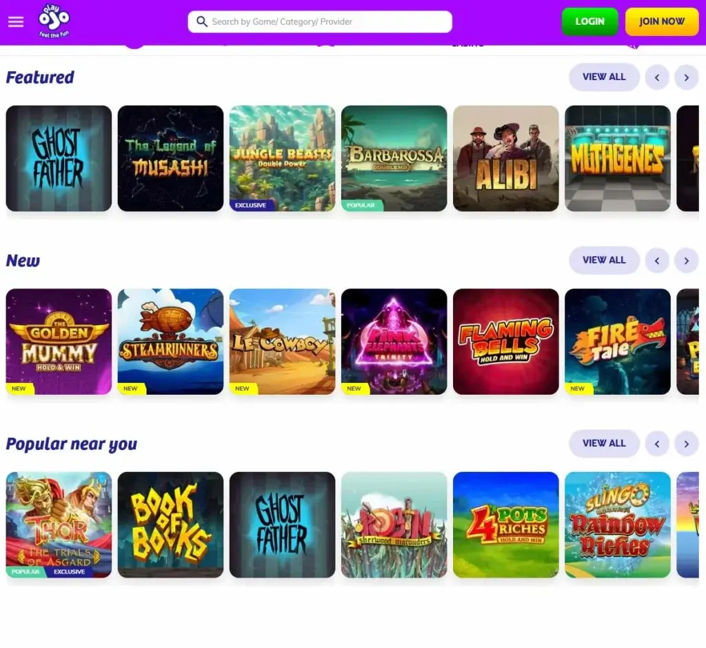 PlayOJO Casino desktop homepage screenshot displaying main casino lobby with featured games, promotions and navigation menu - tested PlayOJO Casino desktop homepage screenshot displaying main casino lobby with featured games, promotions and navigation menu - tested