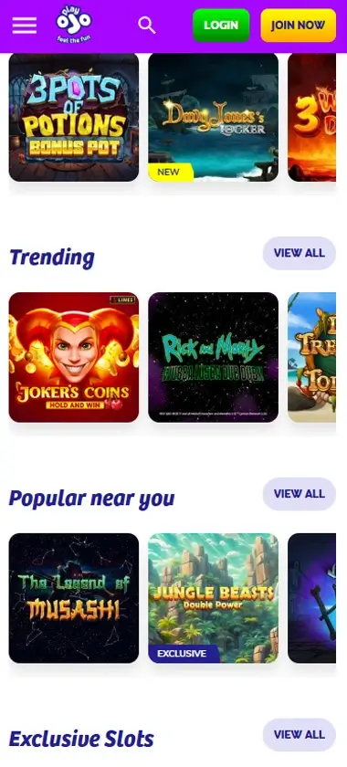 PlayOJO Casino mobile slots interface screenshot showing slot game selection with popular titles and filtering options - Tested PlayOJO Casino mobile slots interface screenshot showing slot game selection with popular titles and filtering options - Tested