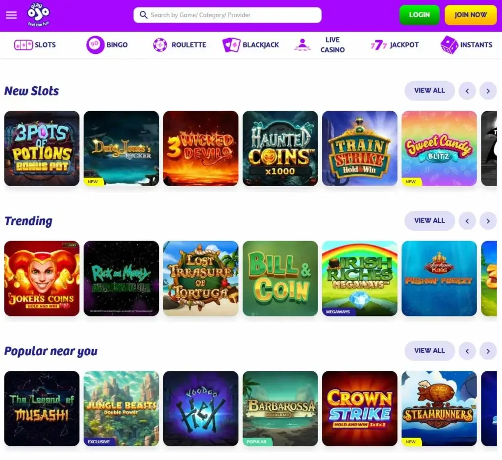 PlayOJO Casino desktop slots lobby screenshot presenting variety of slot games with categories and providers - Tested PlayOJO Casino desktop slots lobby screenshot presenting variety of slot games with categories and providers - Tested