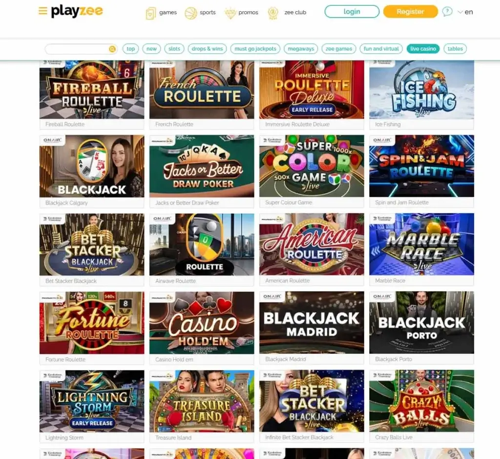 Playzee Casino desktop live casino lobby screenshot featuring live dealer games and real-time streaming interface - Tested
