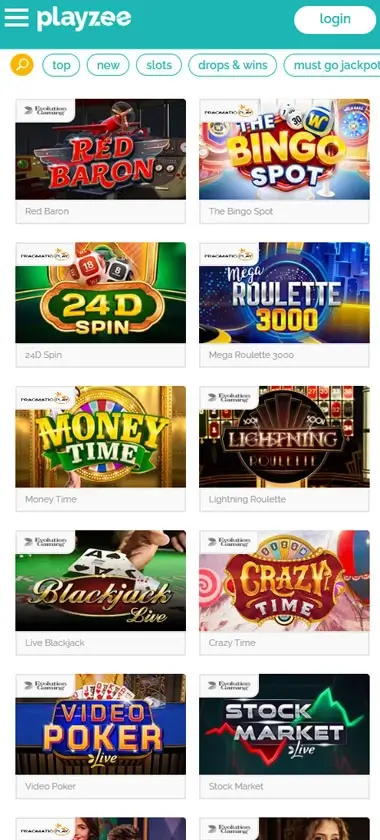 Playzee Casino mobile live casino interface screenshot showing live dealer tables including blackjack and roulette - Tested