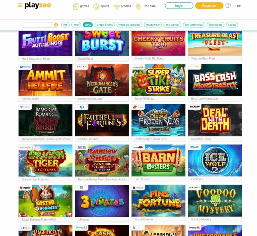 Playzee Casino desktop slots lobby screenshot presenting variety of slot games with categories and providers - Tested