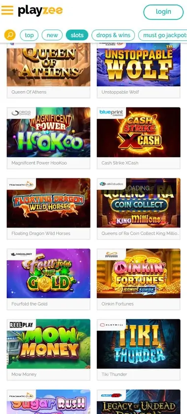 Playzee Casino mobile slots interface screenshot showing slot game selection with popular titles and filtering options - Tested