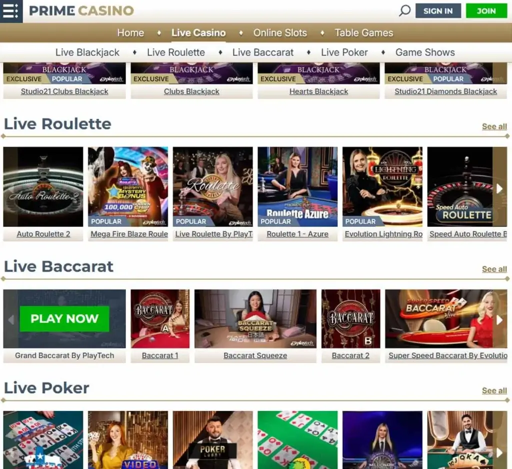 Prime Casino desktop live casino lobby screenshot featuring live dealer games and real-time streaming interface - Tested