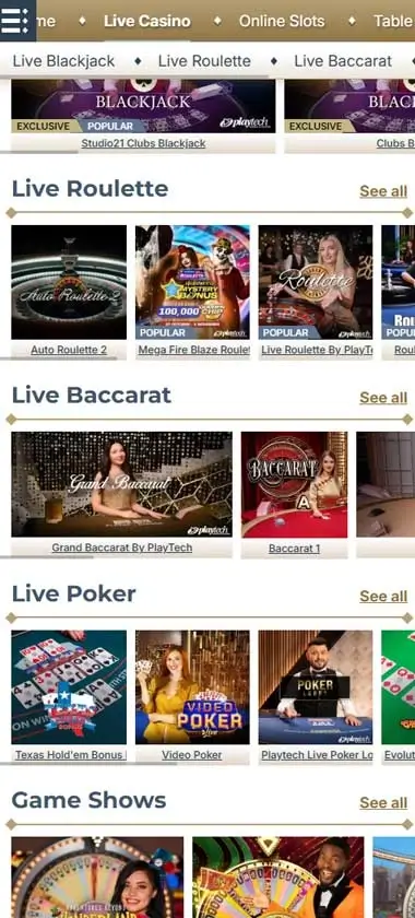 Prime Casino mobile live casino interface screenshot showing live dealer tables including blackjack and roulette - Tested