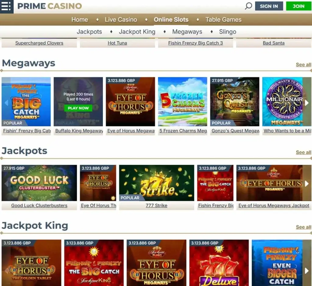 Prime Casino desktop slots lobby screenshot presenting variety of slot games with categories and providers - Tested