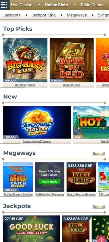 Prime Casino mobile slots interface screenshot showing slot game selection with popular titles and filtering options - Tested