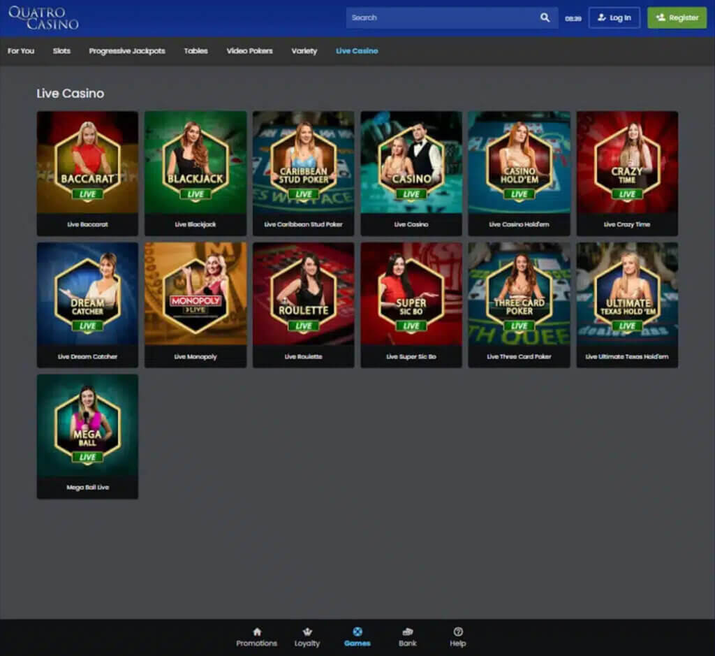 Quatro Casino desktop live casino lobby screenshot featuring live dealer games and real-time streaming interface - review testing Quatro Casino desktop live casino lobby screenshot featuring live dealer games and real-time streaming interface - review testing