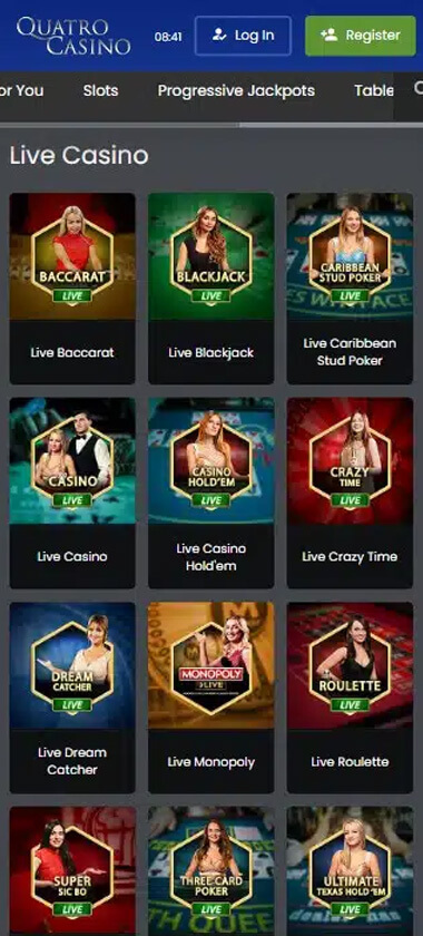 Quatro Casino mobile live casino interface screenshot showing live dealer tables including blackjack and roulette - tested Quatro Casino mobile live casino interface screenshot showing live dealer tables including blackjack and roulette - tested